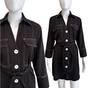 Zara Basic Black Button Down Shirtdress Size Small Cargo Pocket Belted Dress Y2K